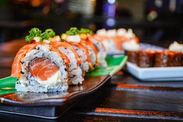 Japanese dishes in an open-kitchen restaurant