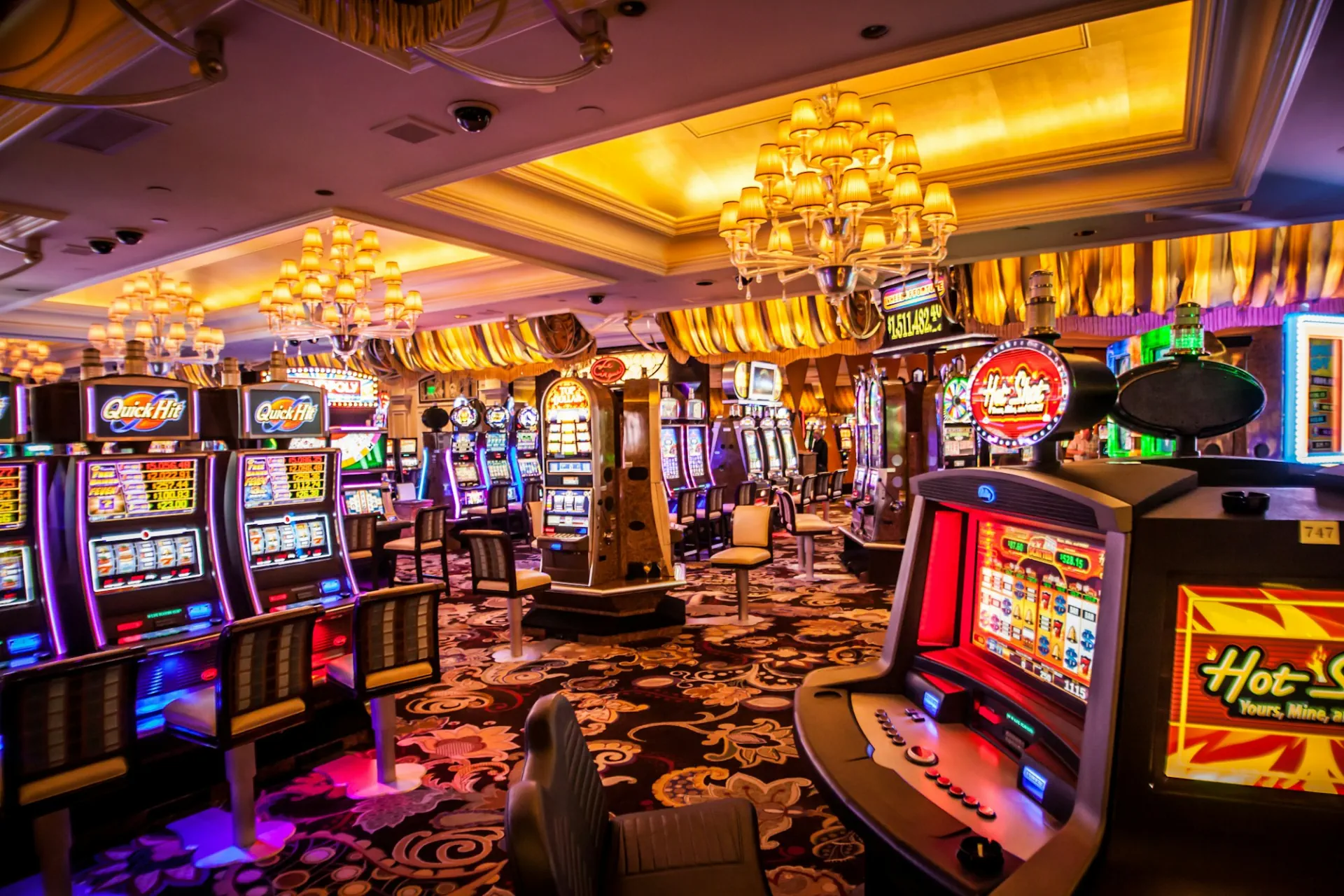 A warmly lit casino floor